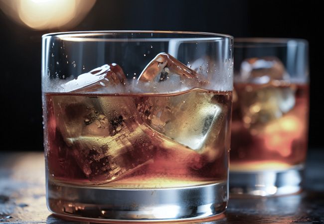 Два стакана с янтарным виски и крупными кубиками льда стоят на тёмной влажной поверхности
